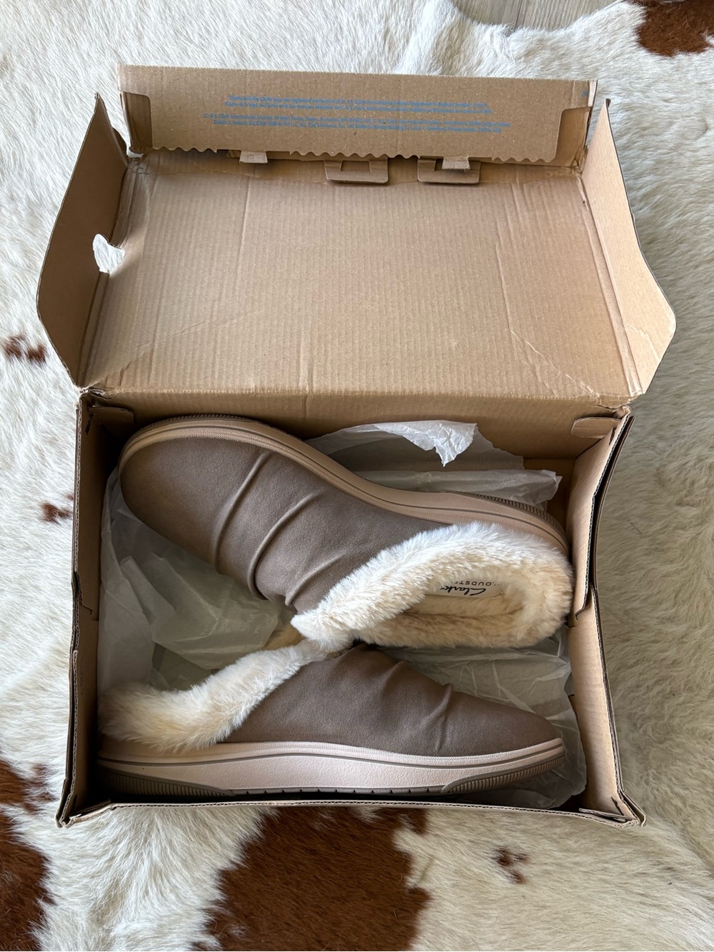 NEW in box: Cloudsteppers by Clarks Faux-Fur Lined Slip-On Mules - Taupe